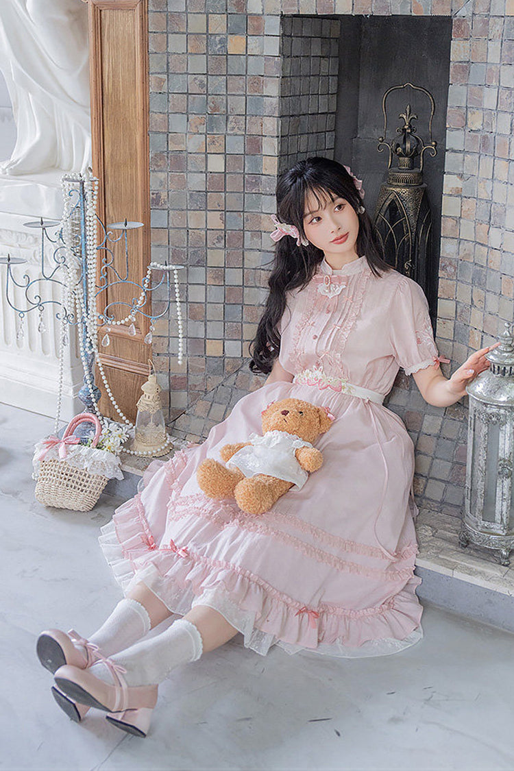 Pink Round Collar Short Sleeves High Waisted Ruffled Strawberry Midsummer Women's Sweet Lolita Dress