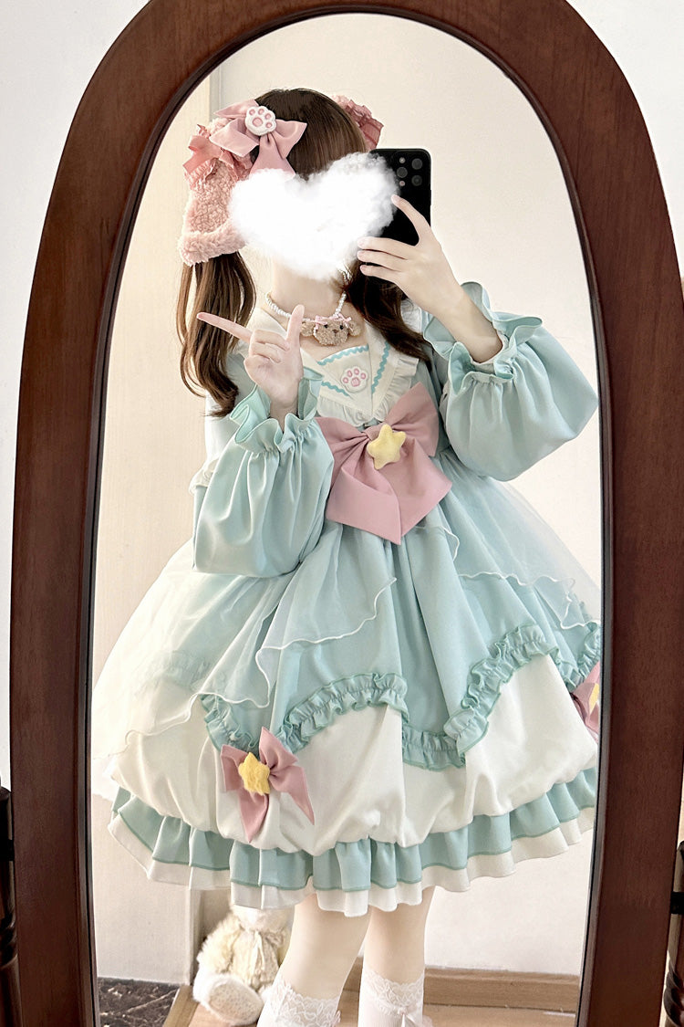Pray Star Long Sleeves Double-Layered Ruffle Bowknot Stitching Lace Sweet Lolita Dress 5 Colors