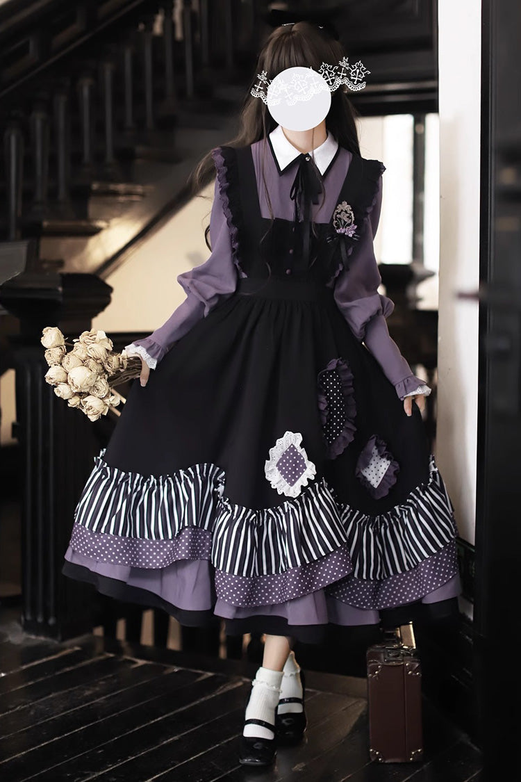 Black Witch Academy Double-Layered Stripe Print Ruffle Bowknot Irregular Sweet Lolita Jumper Dress