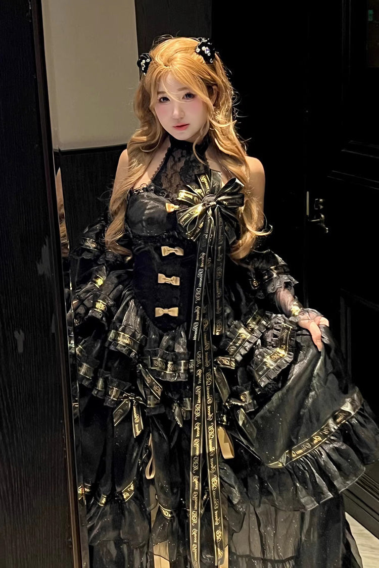 Black Obsidian Banquet Double-Layered Ruffled Hanayome Bow Lace Sweet Gothic Princess Lolita Jsk Dress