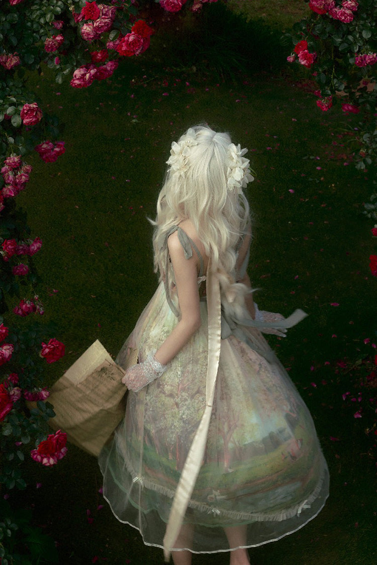 Green Oil Painting – Spring Sleeveless Print Ruffle Bowknot Lace Sweet Lolita Jsk Dress