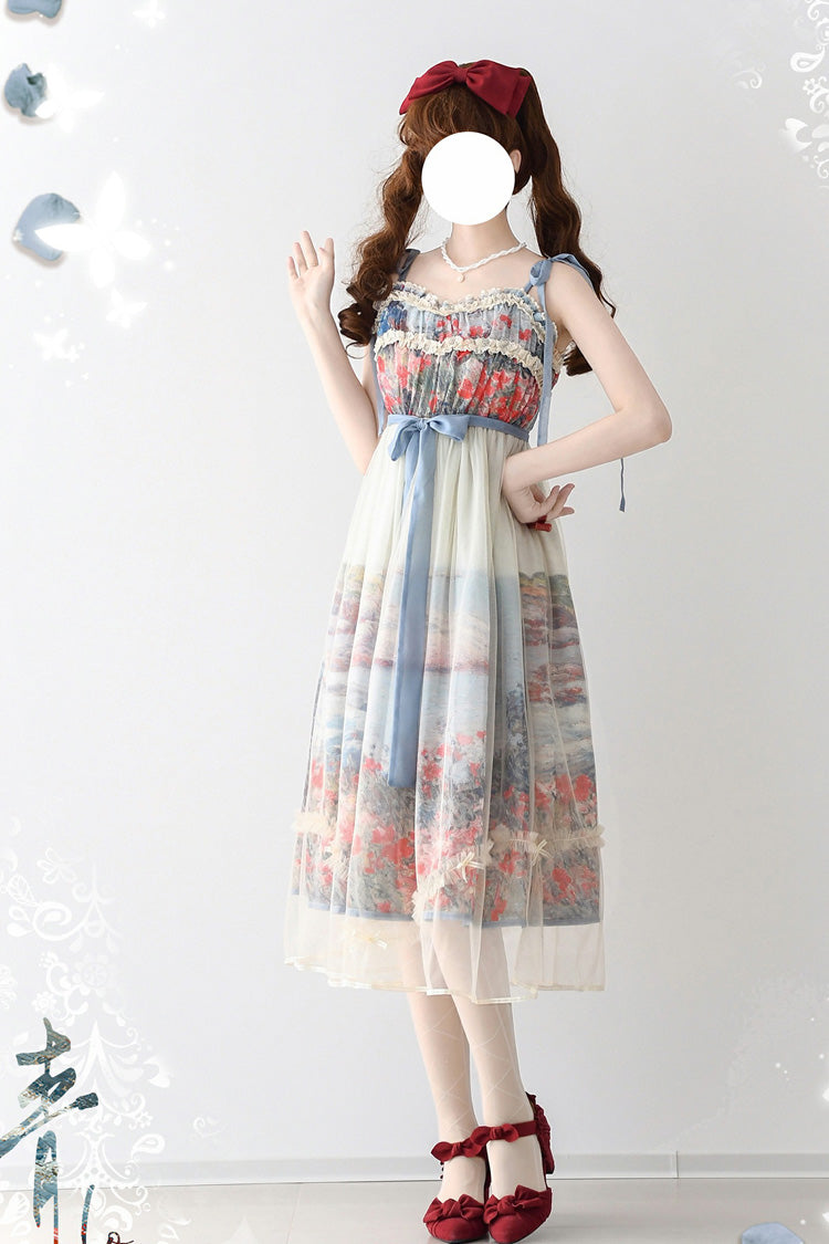 Multi-Color Oil Painting – Island Garden Sleeveless Print Ruffle Bowknot Lace Sweet Lolita Jsk Dress