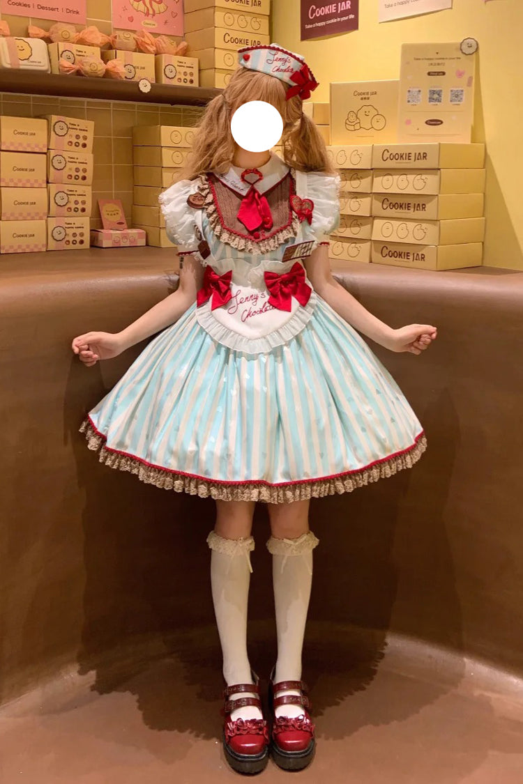 Green Jenny's Chocolate Short Sleeves Vertical Stripes Print Ruffle Bowknot Sweet Lolita Dress
