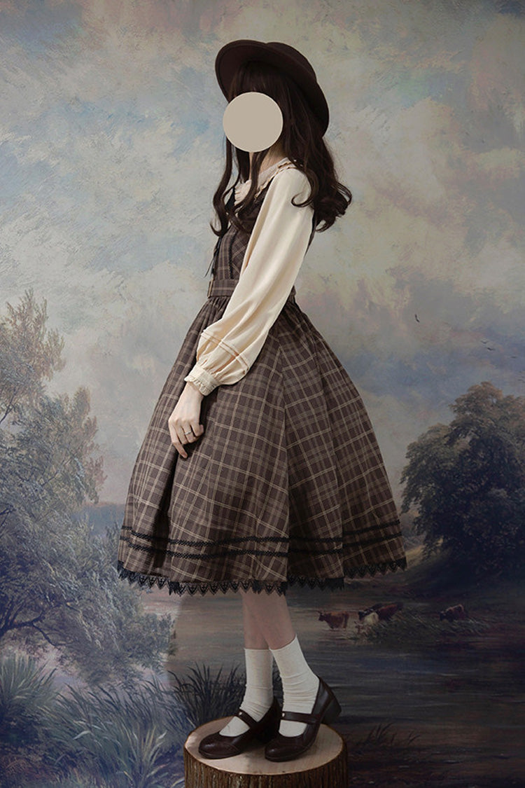 Brown Poem of Greina V Collar Sleeveless High Waisted Printed Classic Elegant Lolita Jsk Dress