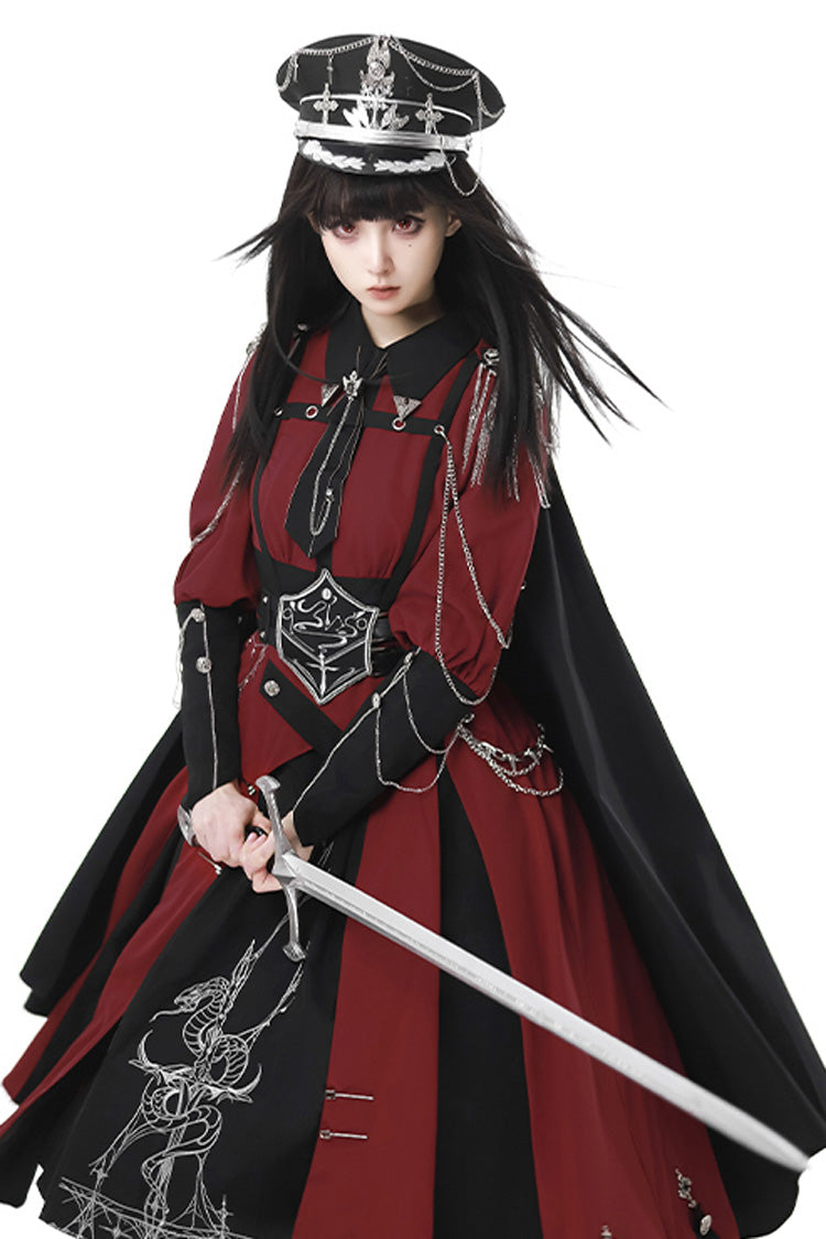Red/Black Scarlet Night Knight Metal Chain Print Bowknot Gothic Military Elegant Lolita Dress