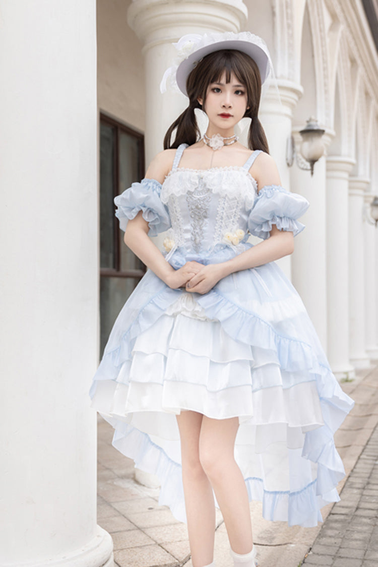 Light Blue Rose Of The Night Sea And Starry Sky Off Shoulder Multi-Layered Ruffle Embroidery Sweet Lolita Dress