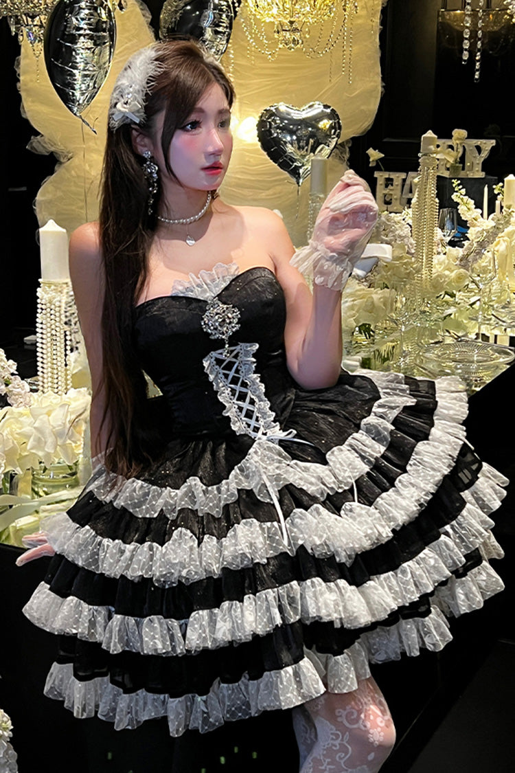 Black Heartbeat at First Sight Off Shoulder Sleeveless Multi-Layered Ruffle Bowknot Lace Lace-Up Sweet Princess Gorgeous Lolita Dress