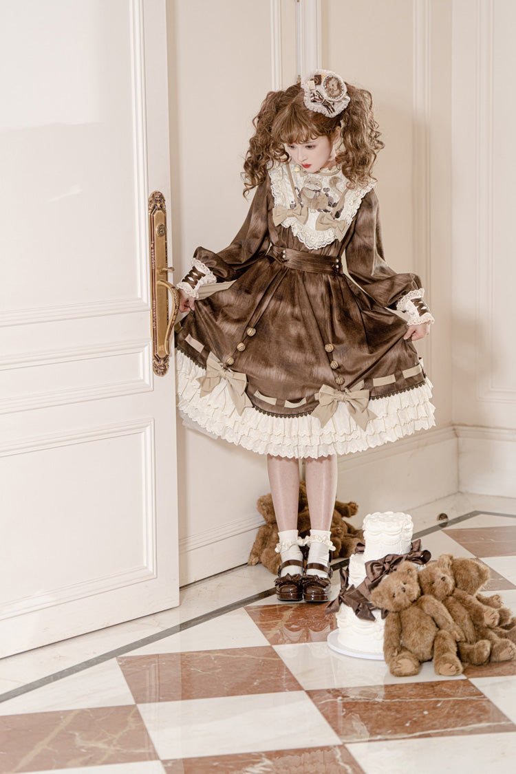 Brown Chocolate Cat Print Long Sleeves Ruffle Bowknot Sweet Lolita Dress