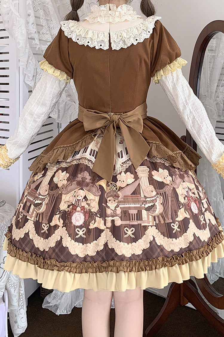 Brown Little Bear Concerto Print Ruffle Bowknot Sweet Princess Lolita Dress