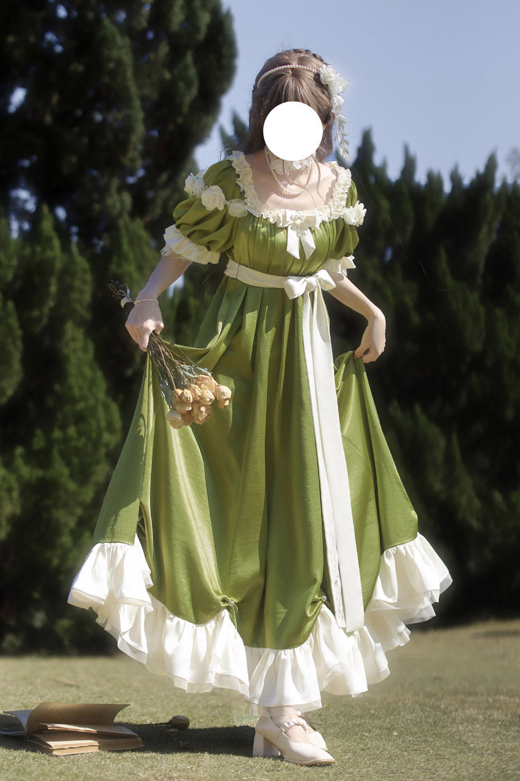 Green Square Collar Short Sleeves Ruffle Bowknot Sweet Regency-Style Vintage Lolita Dress