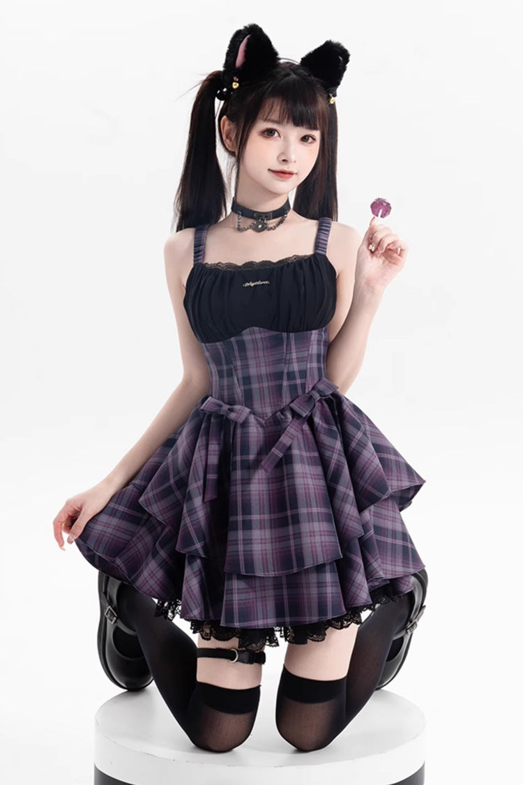 Purple Magic Cat Double-Layered Stripe Print Bowknot Sweet Lolita Jumper Dress