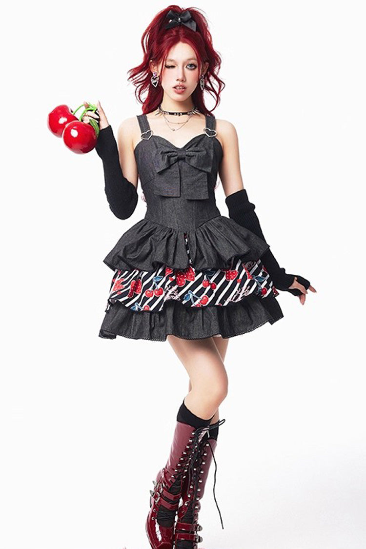 Black Cherry Sleeveless Triple-Layered Print Ruffle Bowknot Denim Sweet Japanese Vintage Lolita Jsk Dress