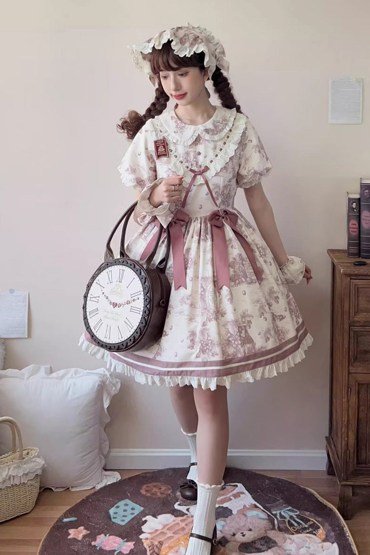 Smoky Purple Grape Moon Almanac Short Sleeves Multi-Layered Printed Ruffled Bow Sweet Lolita Dress