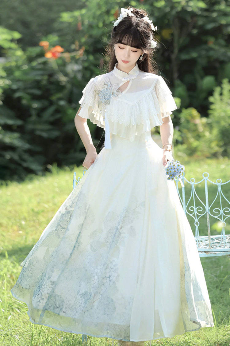 White Hydrangea Message Short Sleeves Print Ruffle Lace Sweet Chinese Style Elegant Lolita Dress