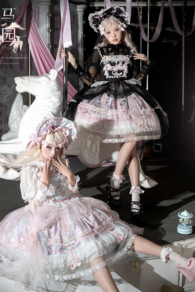 Pink/Blue Pegasus Park Multi-Layered Print Ruffle Bowknot Lace Sweet Gorgeous Lolita Jsk Dress
