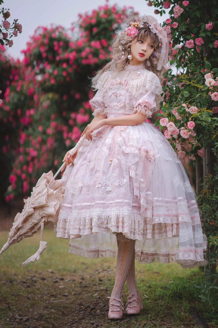 White/Pink Realm of Sunset Short Sleeves Printed Ruffled Hanayome Bow Lace Gorgeous Sweet Lolita Dress Set