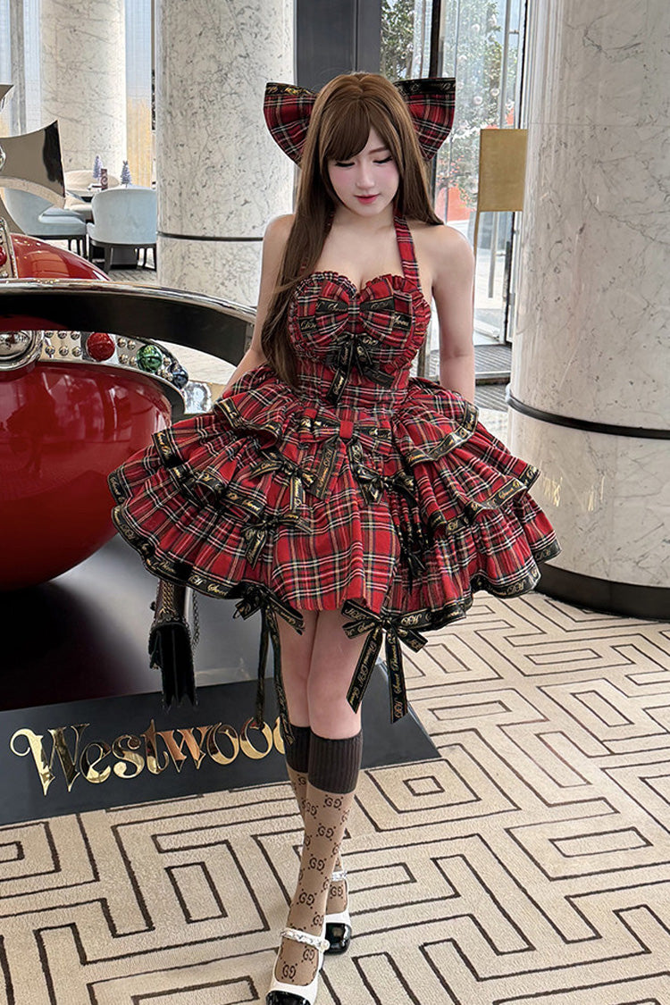 Red Rock Kitty Sleeveless Triple-Layered Printed Ruffled Bow Gothic Lolita Jsk Dress