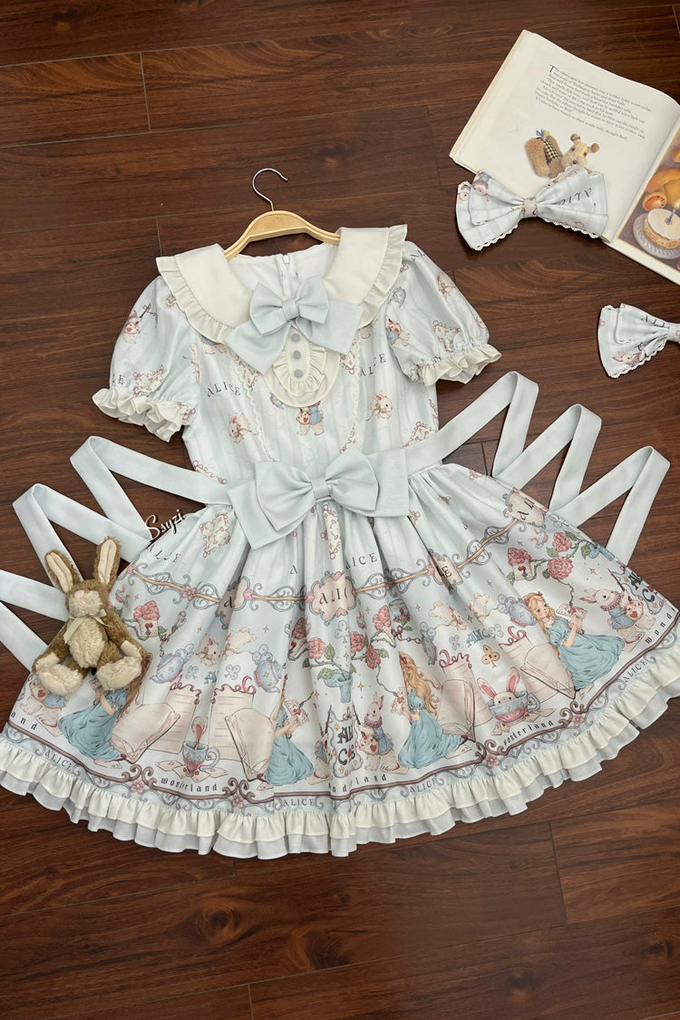 Light Blue The Princess's Magical Diary Printed Short Sleeves Ruffled Bow Sweet Princess Lolita Dress