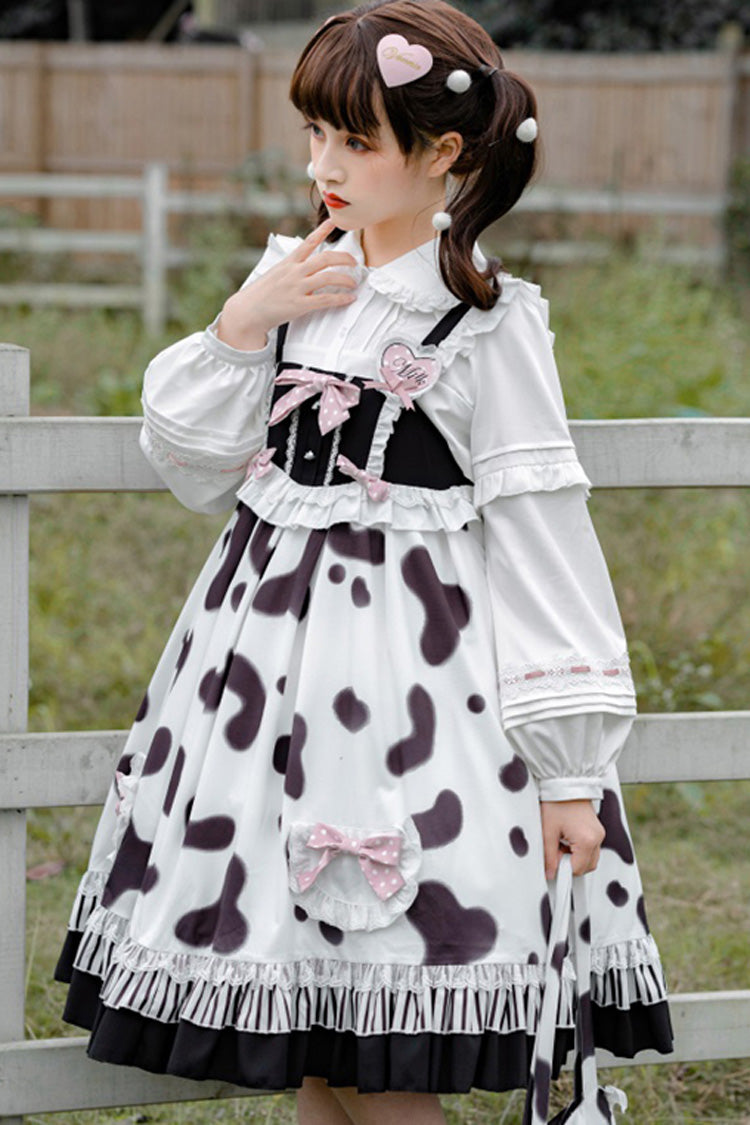 Black/White High Waist Ruffled Milk Pudding Printed Sweet Lolita Jsk Dress