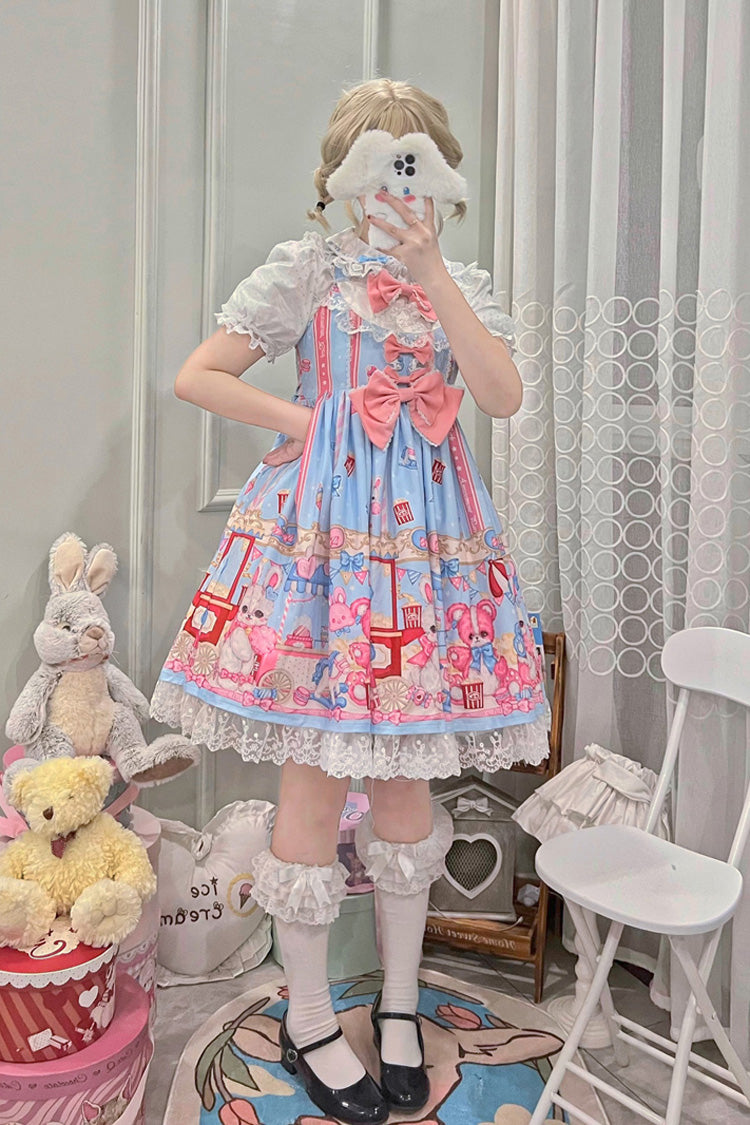 Blue/Pink Doll Playground Print Ruffle Bowknot Sweet Lolita Jsk Dress