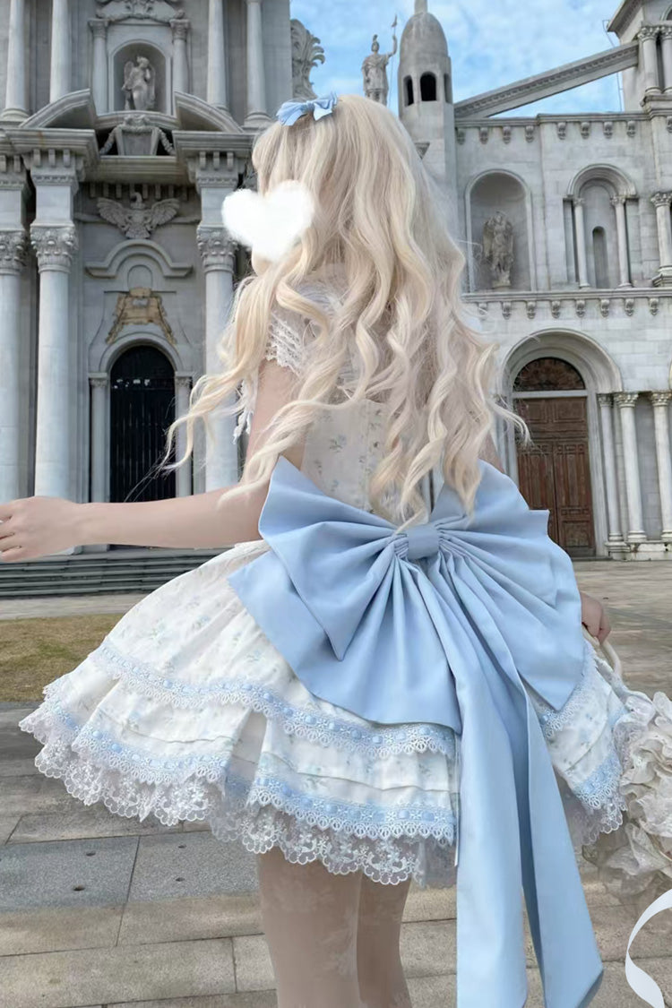Blue First Love Rose Multi-Layered Print Ruffle Bowknot Lace Sweet Lolita Jsk Dress Set