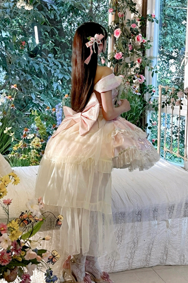 Pink Tulip Love Song Boat Neck Double-Layered Ruffle Bowknot Lace Lace-Up Romantic Sweet Princess Lolita Dress
