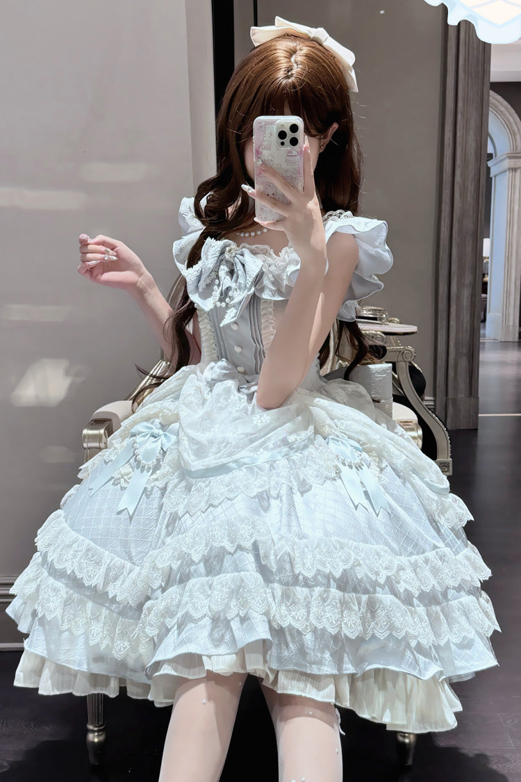 Blue Fairy Tale Advent Multi-Layered Ruffle Bowknot Lace Sweet Princess Gorgeous Lolita Tiered Dress