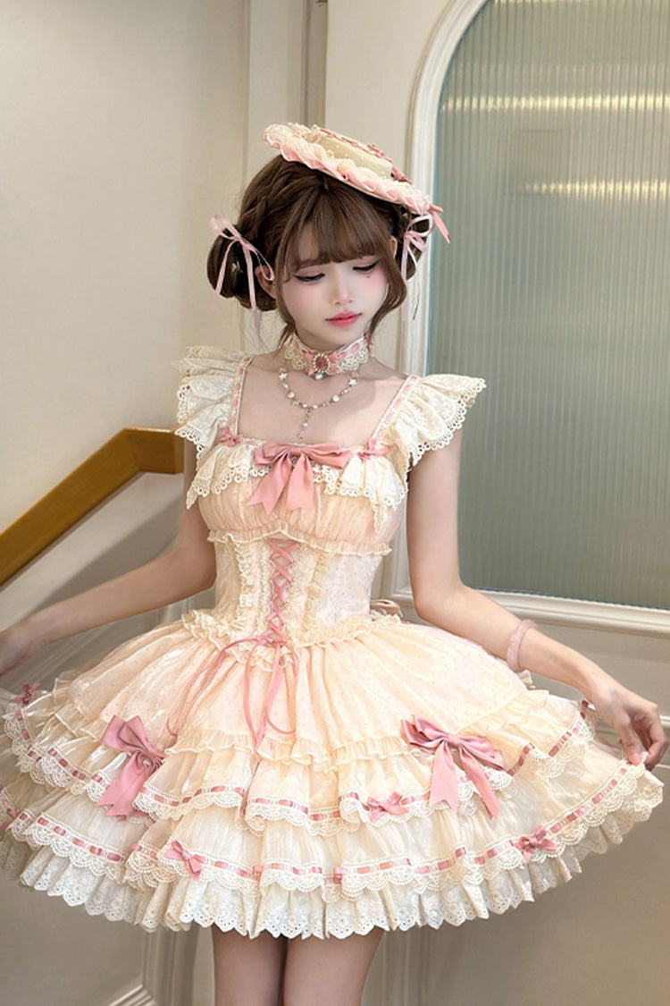Apricot Flory Butterfly Double-Layered Ruffle Bowknot Lace Lace-Up Sweet Ballet Lolita Jsk Dress
