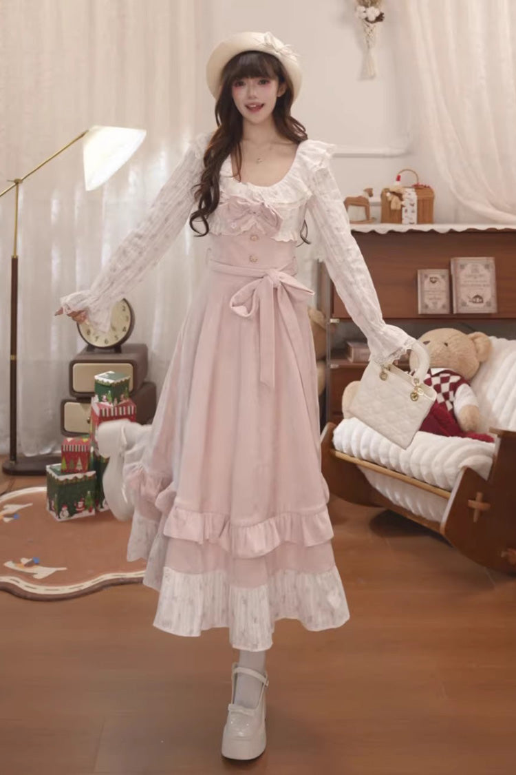 Pink Sakura Milk Cake Long Sleeves Double-Layered Bow Lace Sweet Princess Lolita Dress