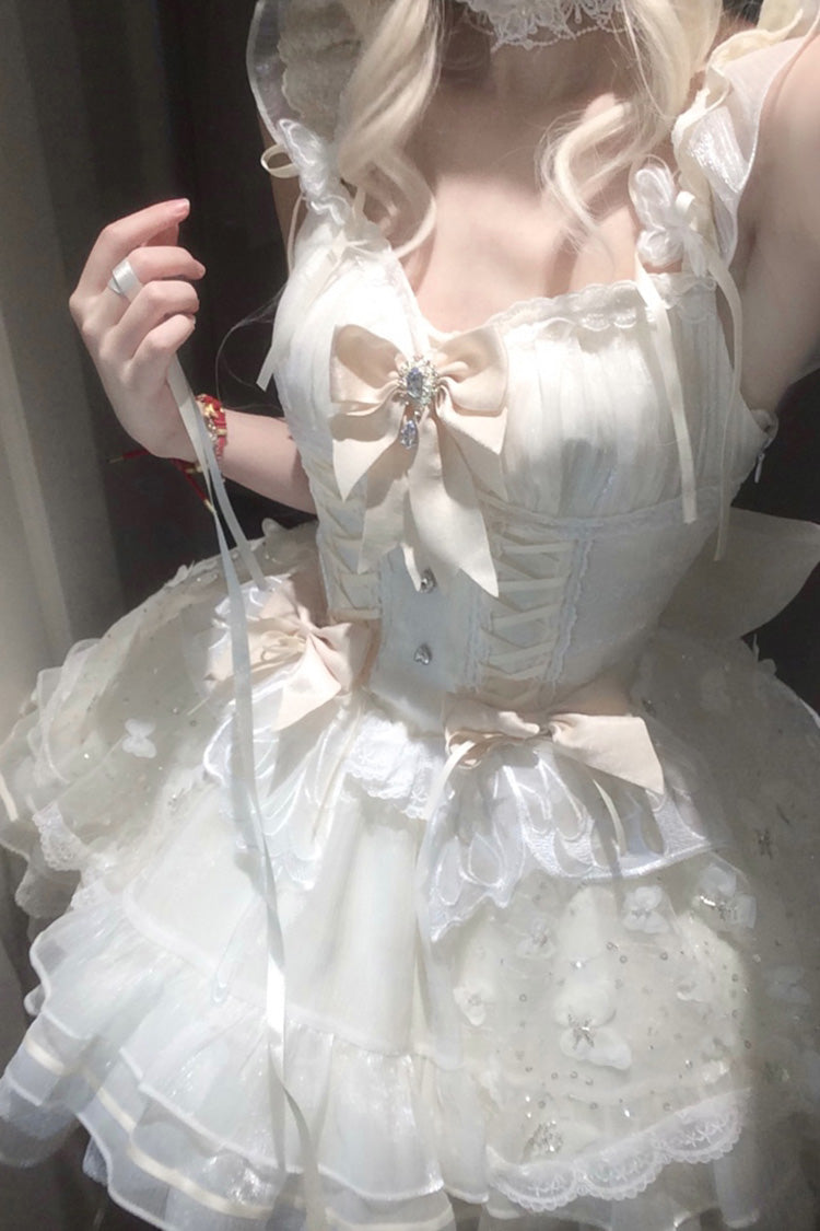 Ivory First Love Multi-Layered Ruffle Bowknot Lace-Up Sweet Elegant Princess Lolita Jsk Dress
