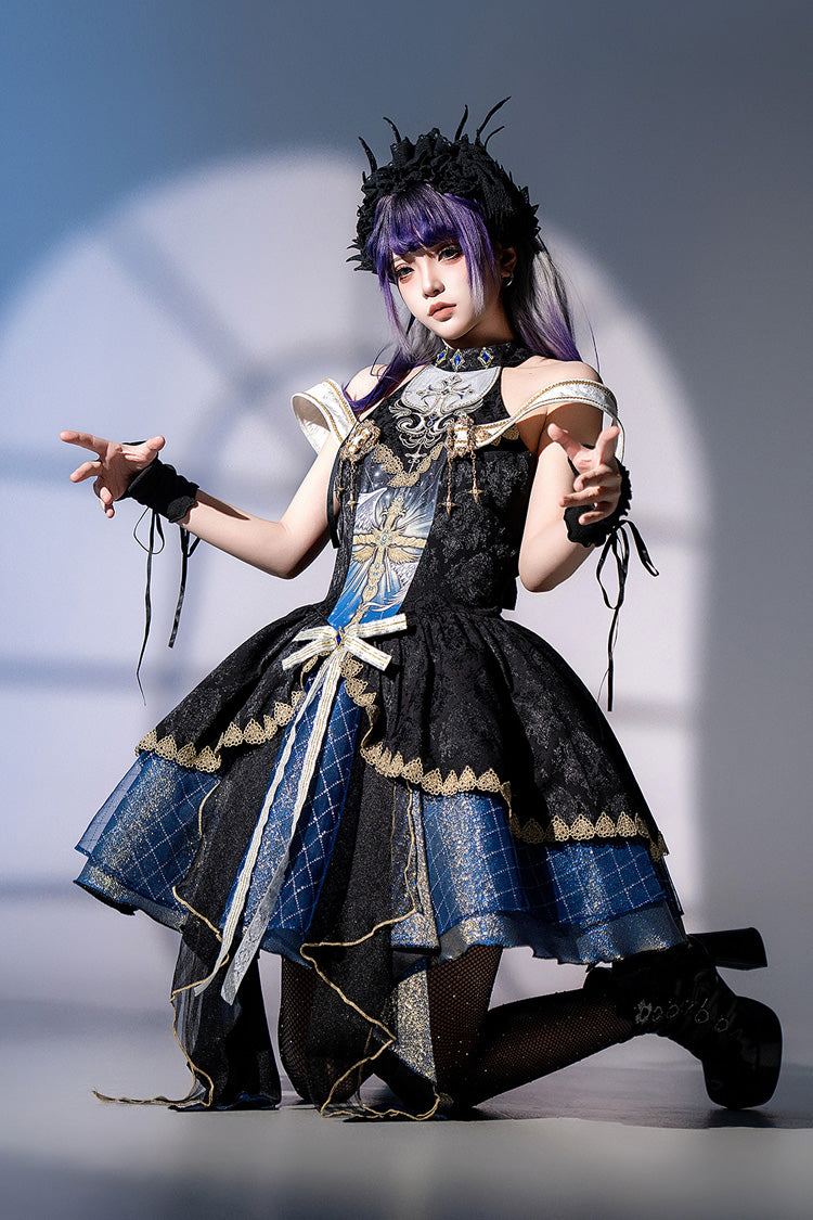 Black/Blue Universe Off Shoulder Halterneck Sleeveless Print Embroidery Cardigan Gothic Princess Lolita Dress