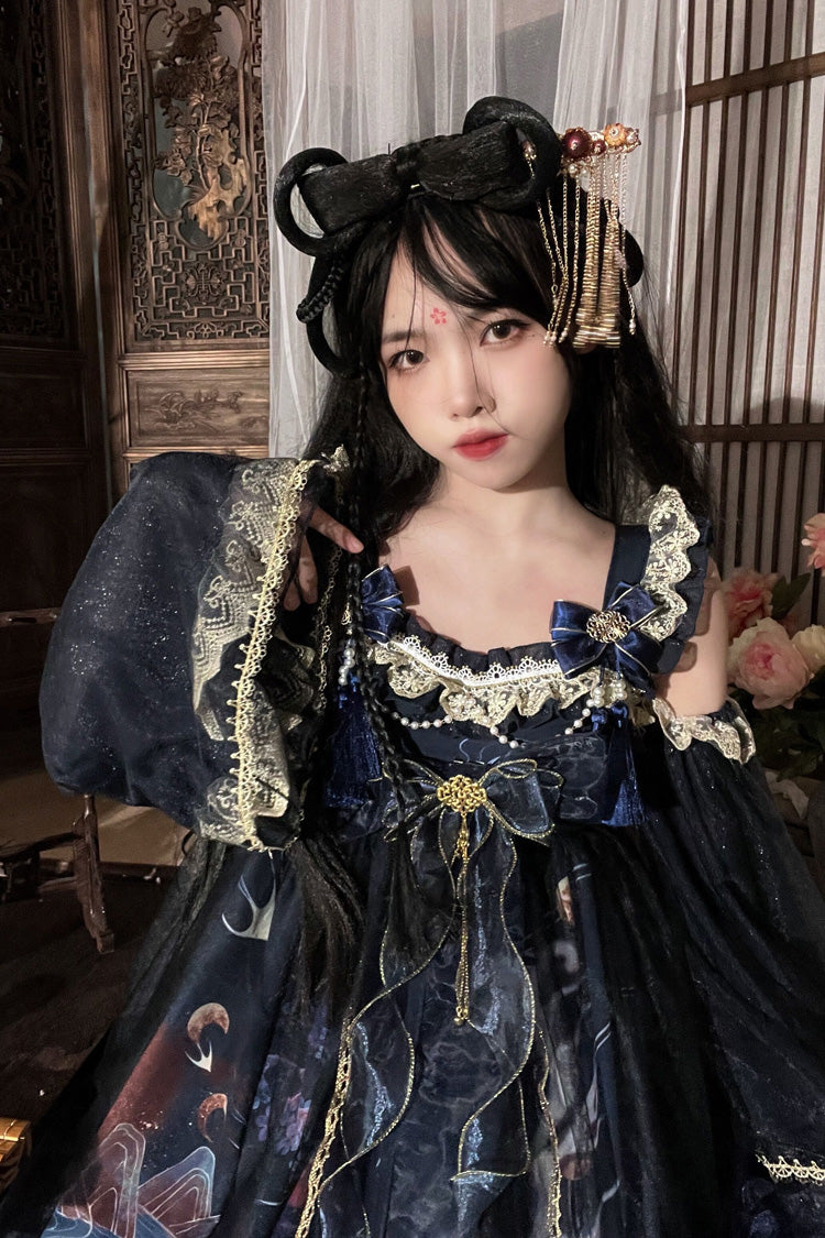Nine-tailed fox Print Ruffle Bowknot Classic Chinese Style Princess Lolita Jsk Dress 2 Colors