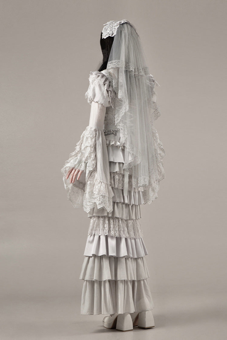 Solid Color Bionic Doll Square Collar Multi-Layered Ruffle Bowknot Lace-Up Gothic Lolita Fishtail Skirt Corset Set