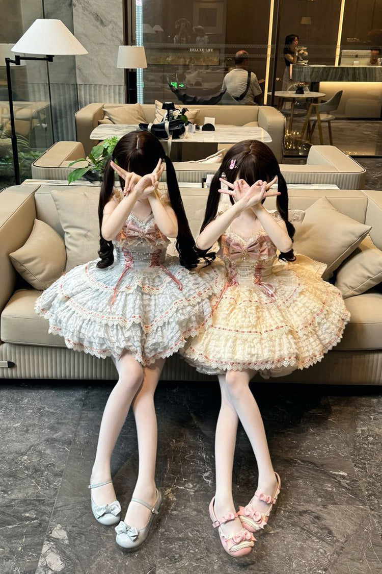 Blue Song of Floral Letters Sleeveless Triple-Layered Bowknot Lace-Up Sweet Lolita Jsk Dress