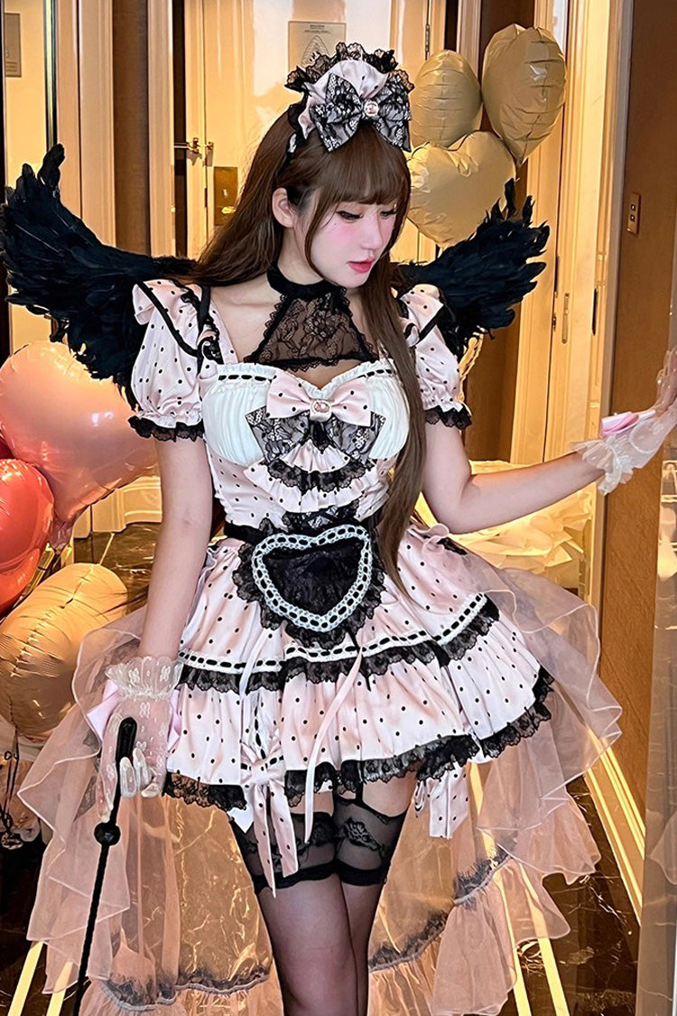 Pink Apprentice Cupid Halterneck Short Sleeves Print Ruffle Bowknot Lace Maid Sweet Lolita Dress