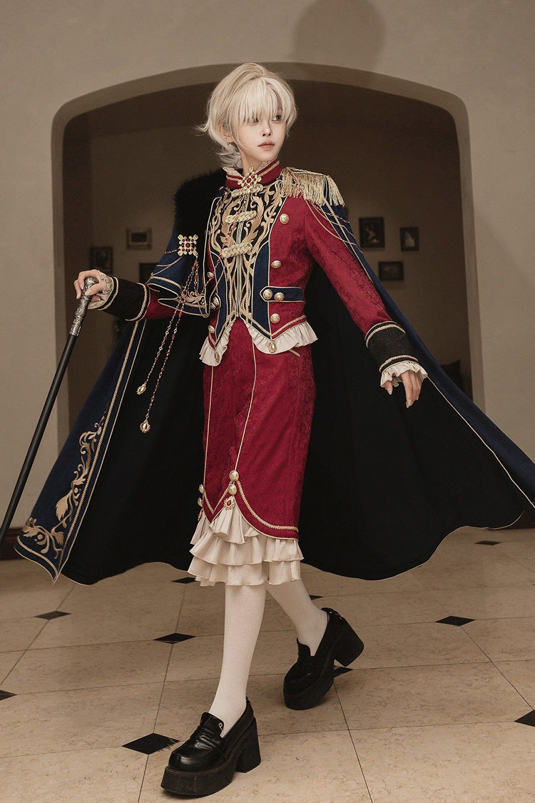 Red/Blue Royal Glory Stand Collar Long Sleeves Ruffled Embroidered Gothic Vintage Prince Palace Ouji Lolita Set