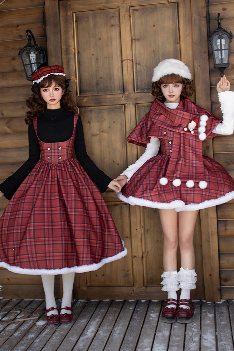 Red Striped Plaid Print Fall Winter Fishbone Sweet Corset Lolita Dress 2 Versions