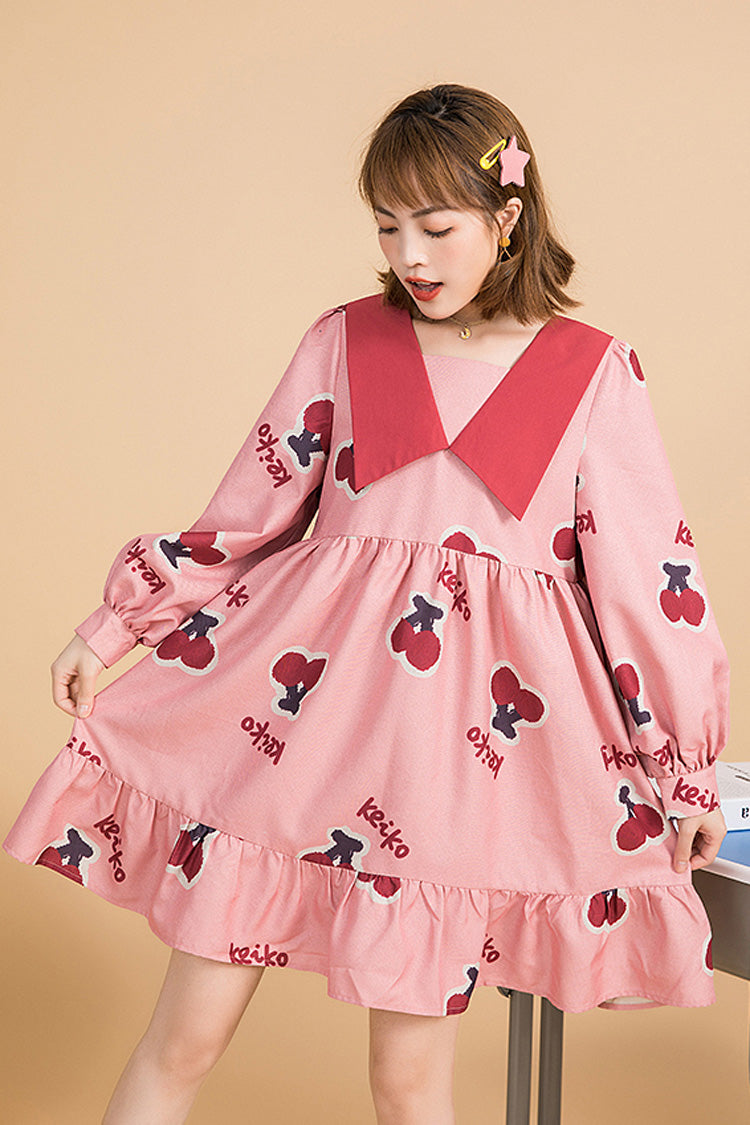 Pink Lapel Collar Long Sleeved Cherry Print Stitching Bowknot Ruffled Slimming Sweet Lolita Dress
