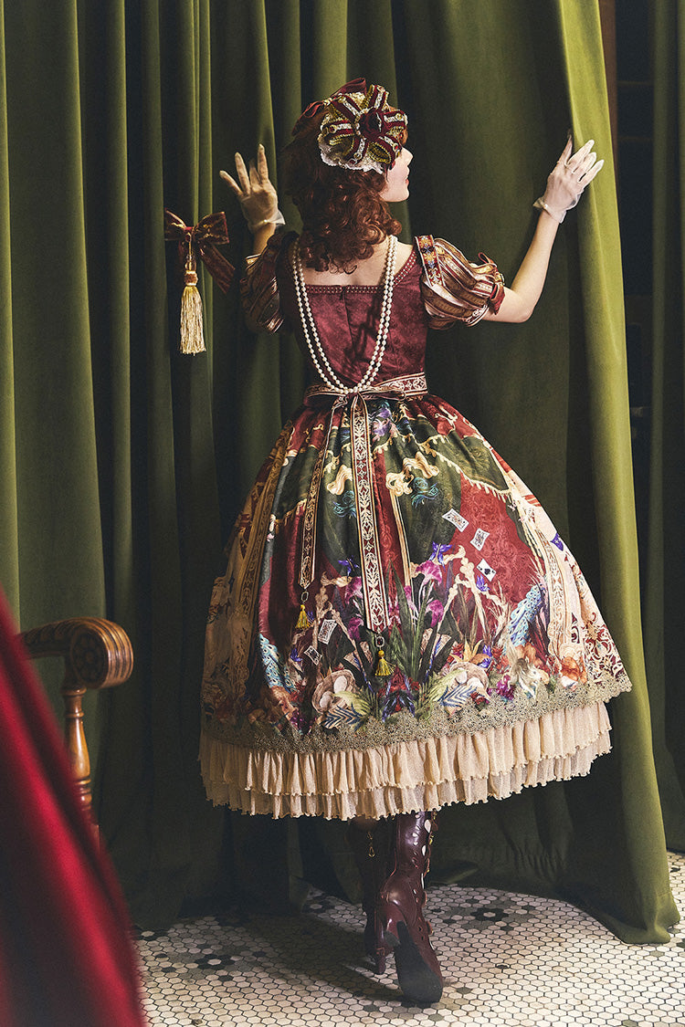 Red Kaleidoscope of Dreams Double-Layered Print Embroidery Bowknot Lace-Up Classic Vintage Gorgeous Lolita Dress