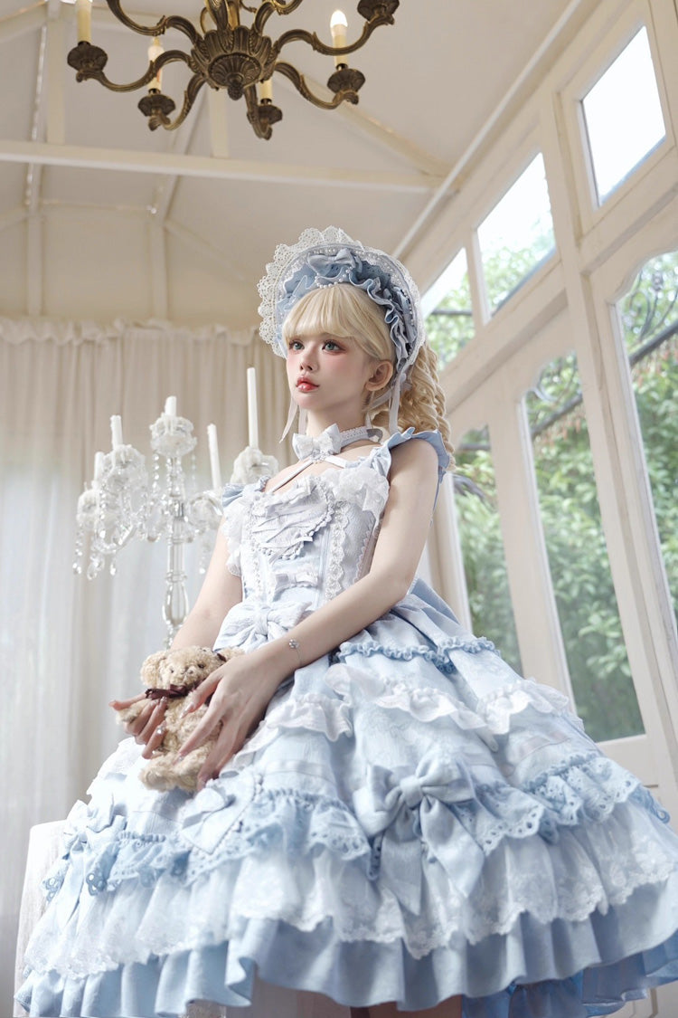 Blue Super Cute Belia Sleeveless Triple-Layered Ruffle Bowknot Lace Sweet Elegant Lolita Jsk Dress