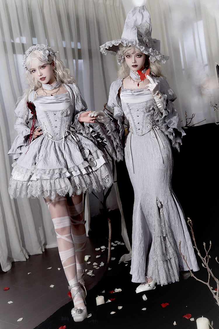 Silver Grey Twilight Ruffle Lace Irregular Gothic Witch Lolita Fishtail Skirt Set
