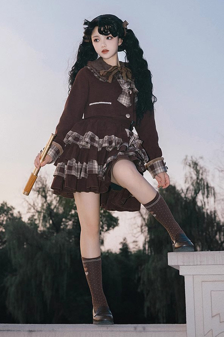 Dark Brown Multi-layer Bowknot College Style Autumn Winter Princess Sweet Lolita Skirt Set
