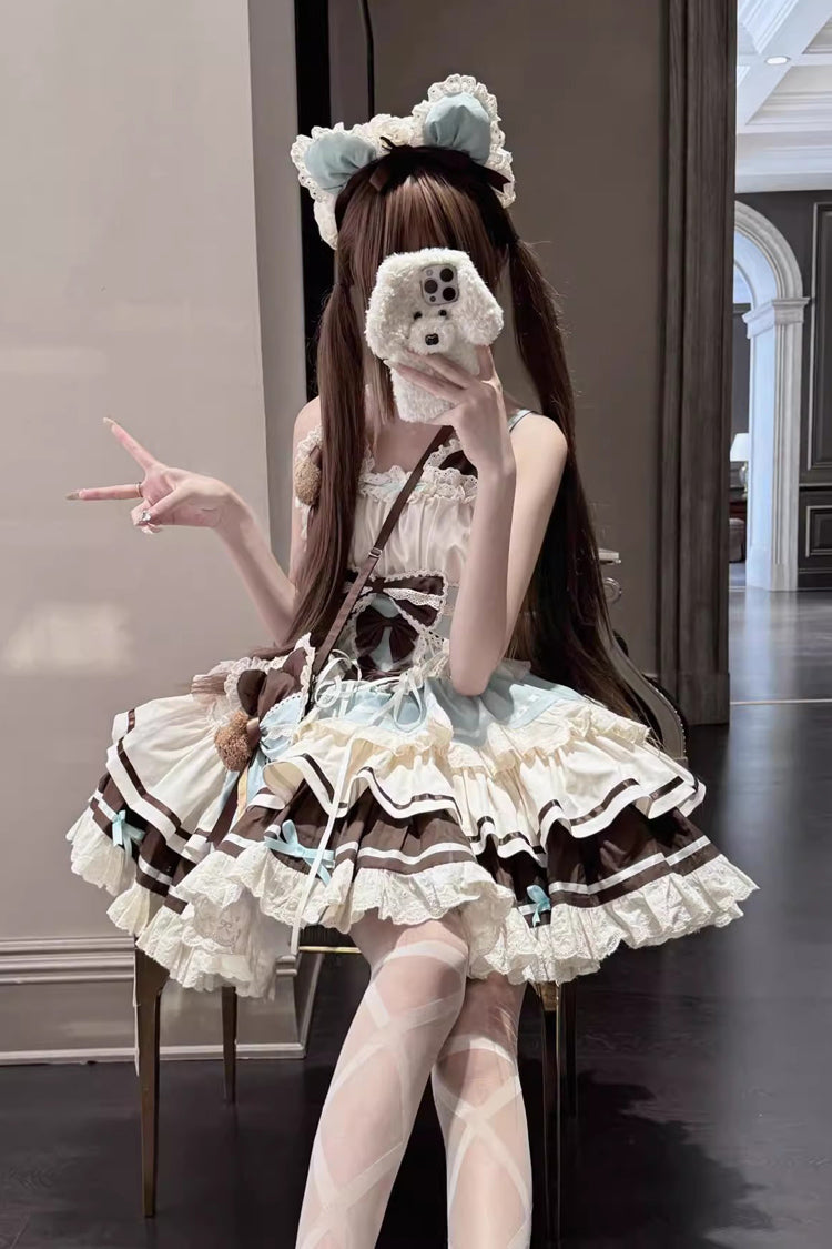 Green/Chocolate First Love Bear Multi-Layered Ruffle Bowknot Lace Sweet Lolita Jsk Dress