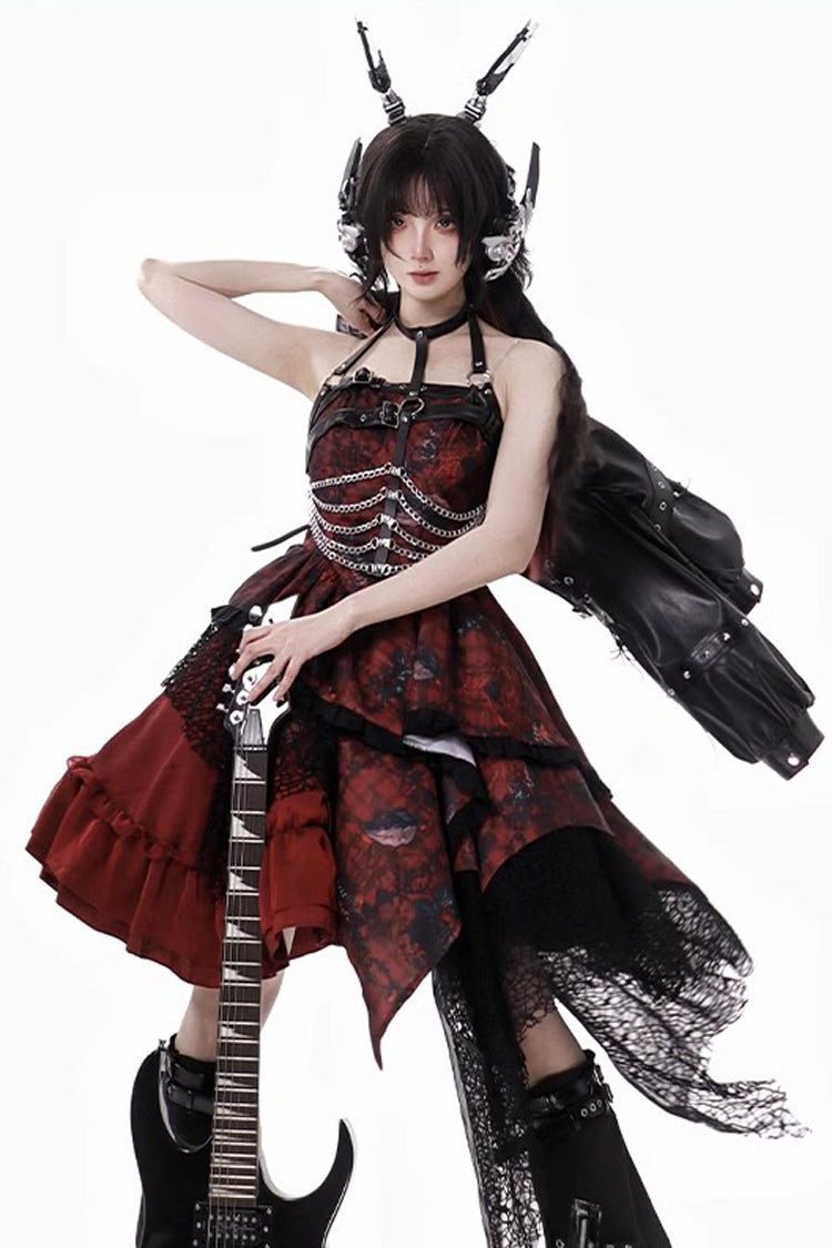 Red Strawberries of Blood and Tears Sleeveless Print Ruffle Bowknot Lace Asymmetric Gothic Lolita Jsk Dress