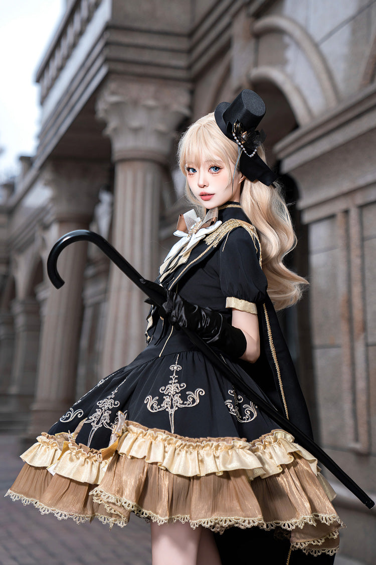 Black Gilded Oath Short Sleeves Double-Layered Ruffle Embroidery Bowknot Gothic Lolita Dress