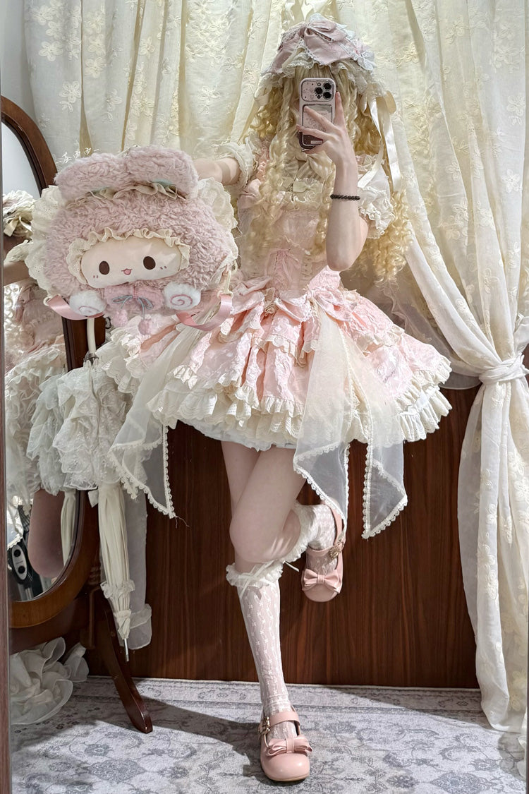 Pink Sleeveless Multi-Layered Ruffled Bow Sweet Princess Ballet Lolita Jsk Dress