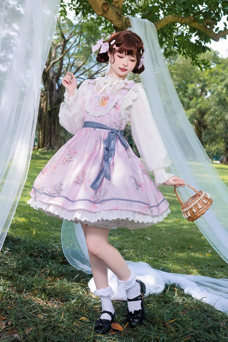 Pink Lily of the Valley Rabbit Sleeveless Print Ruffle Bowknot Daily Sweet Lolita Strap Dress