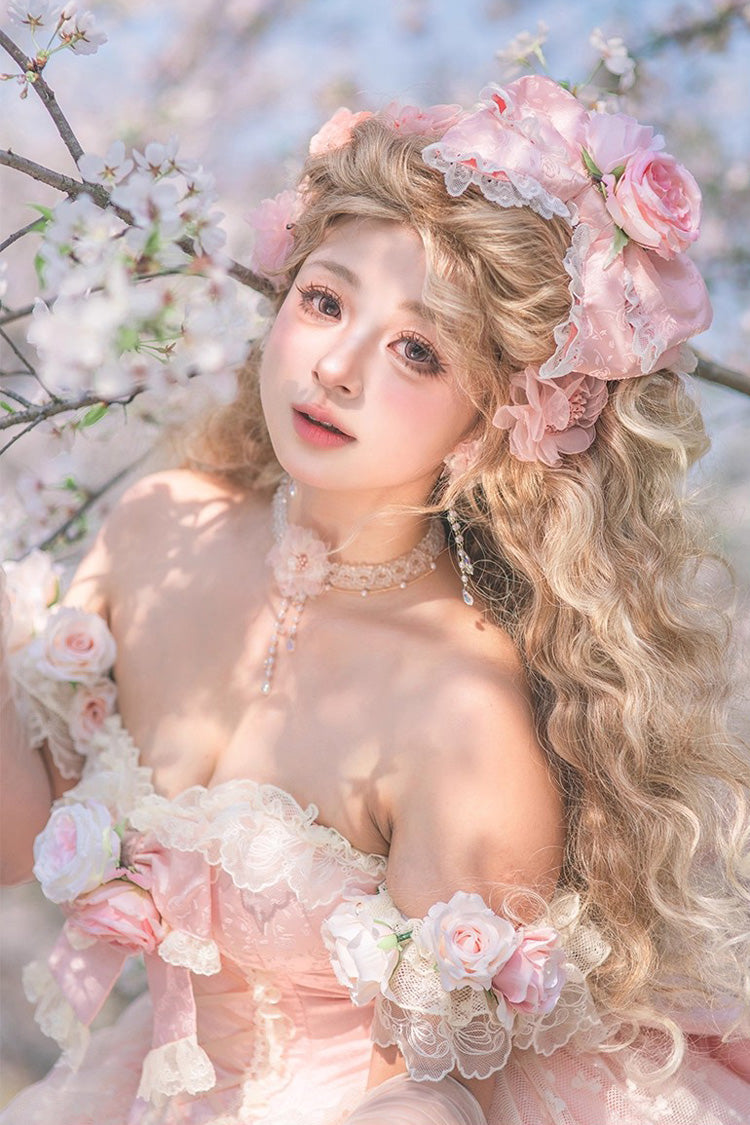 Pink Love and Roses Ruffle Hanayome Bowknot Lace Sweet Princess Lolita Jsk Dress
