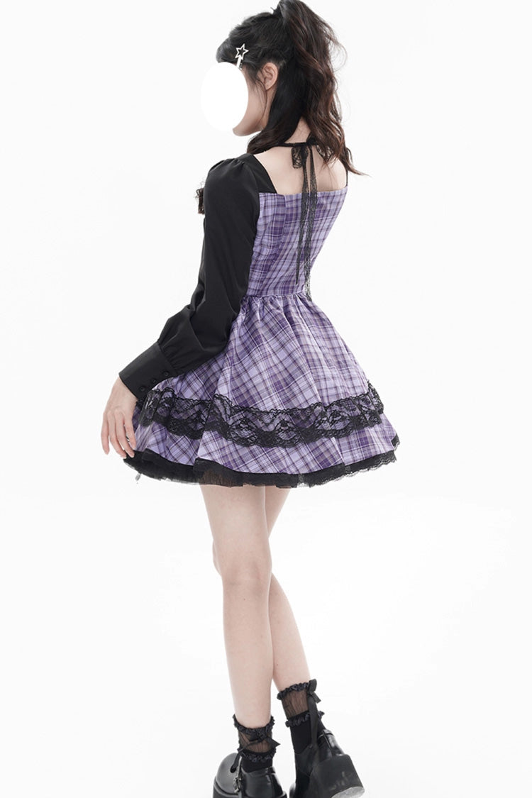 Purple Witch Time Long Sleeves Plaid Print Bowknot Lace Sweet Lolita Dress