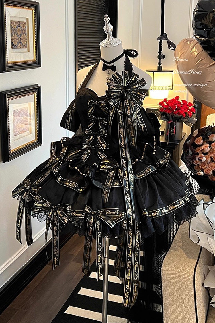 Black Young Lady Halterneck Sleeveless Multi-Layered Ruffle Bowknot Elegant Princess Gothic Lolita Dress